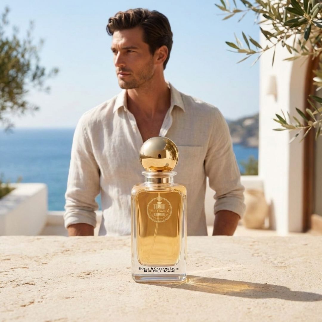 Haus Of Jawhar Dolce & Gabbana Light Blue perfume bottle in a luxury lifestyle setting.