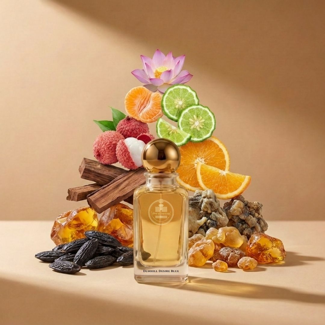 Haus Of Jawhar Dunhill Blue perfume bottle with lychee, mandarin orange, lotus and amber fragrance notes.