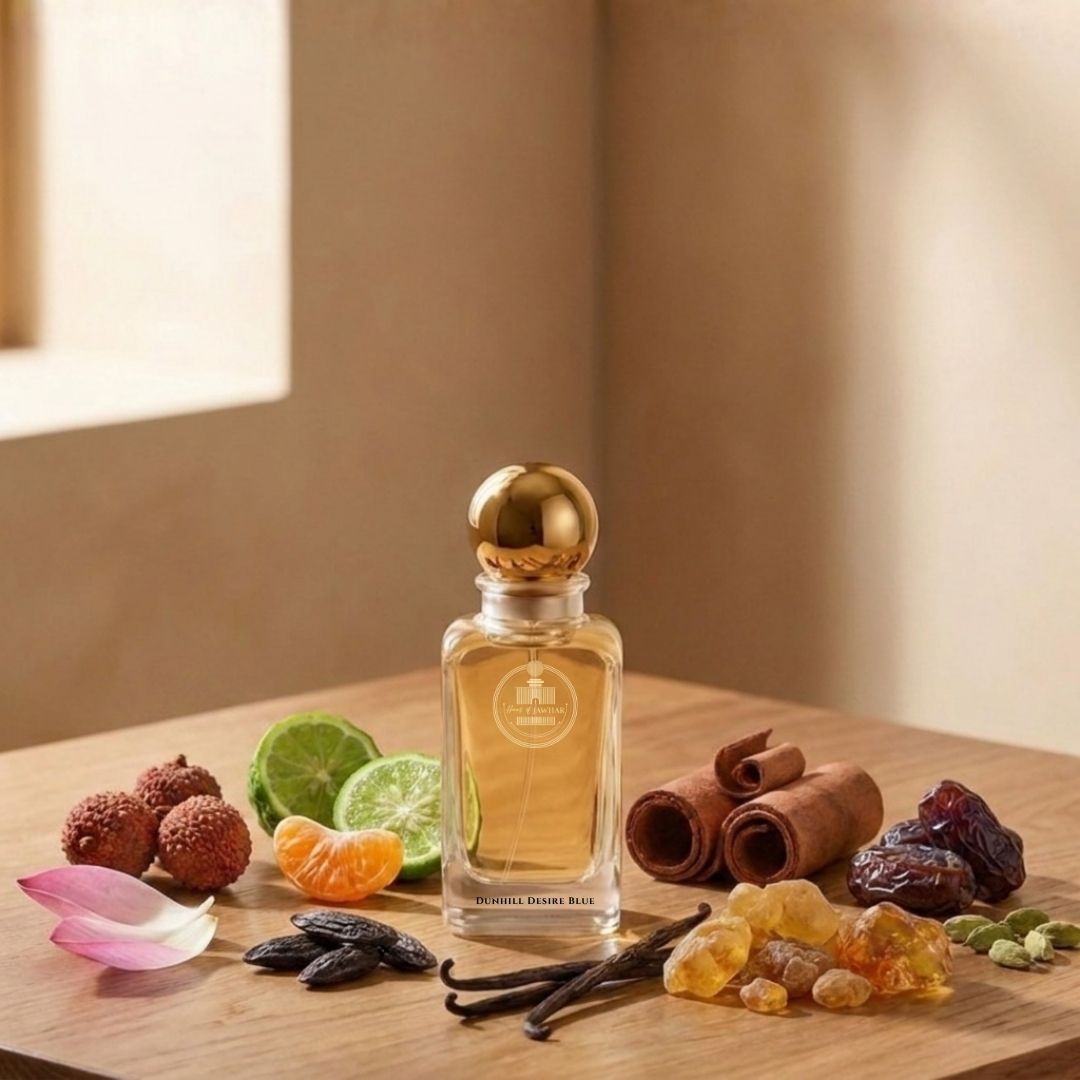 Haus Of Jawhar Dunhill Blue perfume bottle with lychee, mandarin orange, lotus and amber fragrance notes.