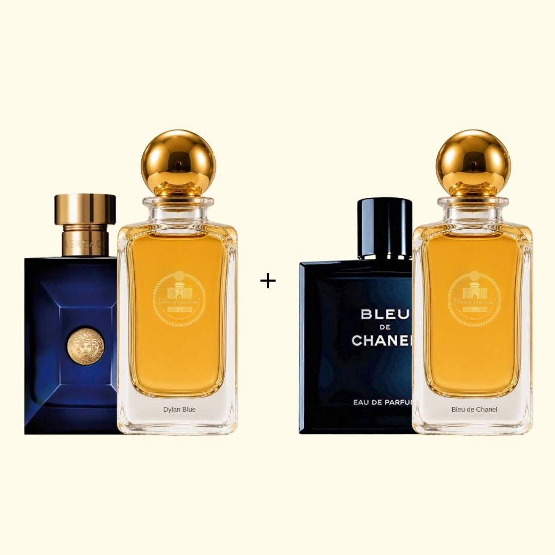 Haus Of Jawhar Dylan Blue and Bleu de Chanel perfume bottles with fragrance references.