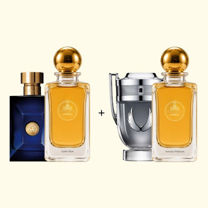 Haus Of Jawhar Dylan Blue and Invictus Platinum perfume bottles with fragrance references.