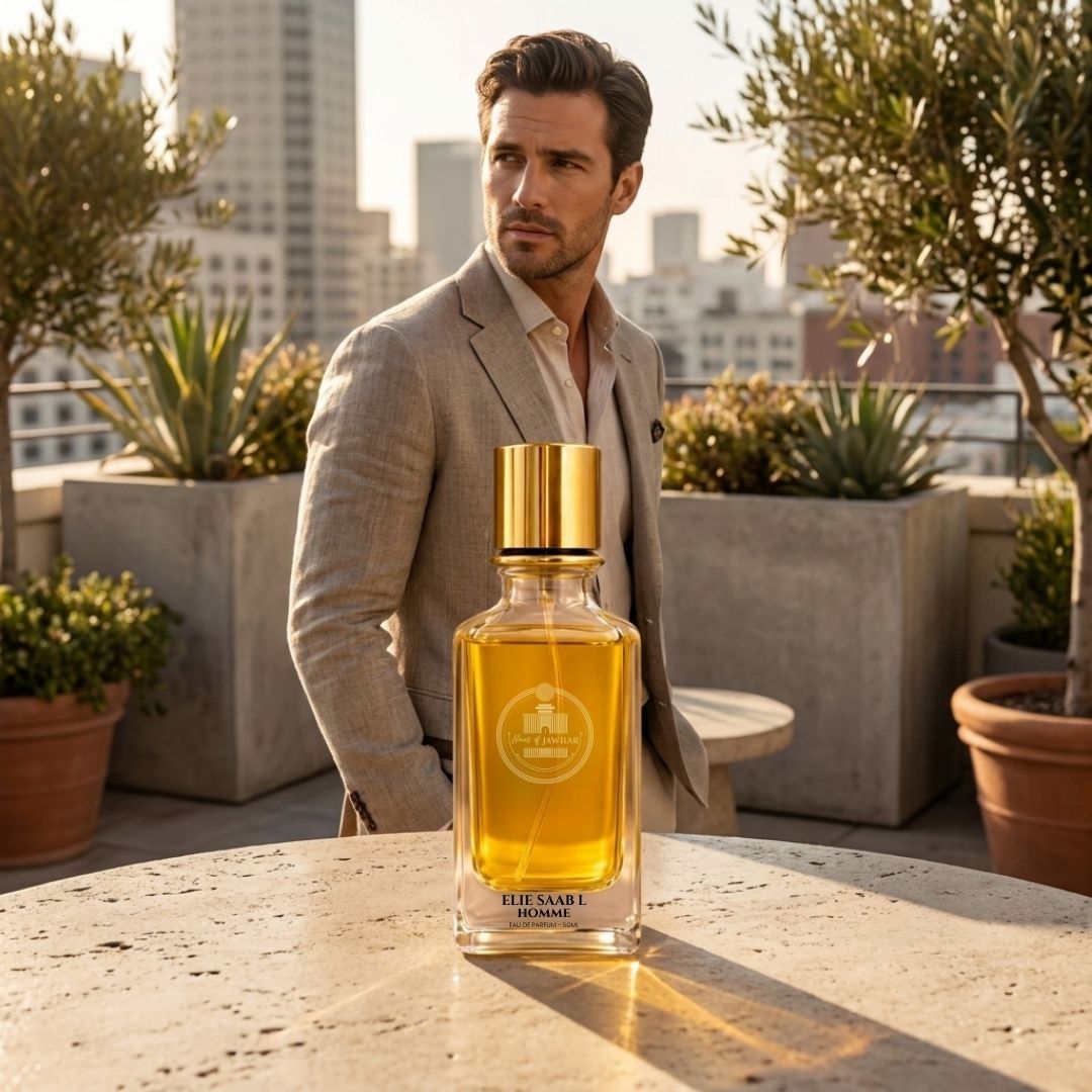 Elie Saab L'Homme by Haus Of Jawhar lifestyle in a modern rooftop setting.