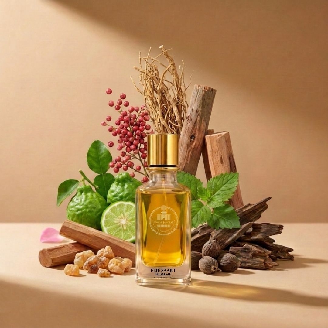 Elie Saab L'Homme by Haus Of Jawhar with bergamot, lime, pink pepper, mint, cedar, oud, nutmeg and amber notes.