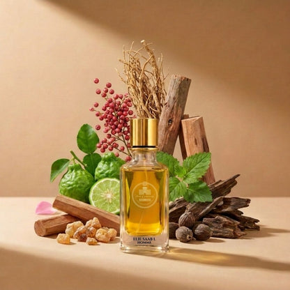 Elie Saab L'Homme by Haus Of Jawhar with bergamot, lime, pink pepper, mint, cedar, oud, nutmeg and amber notes.