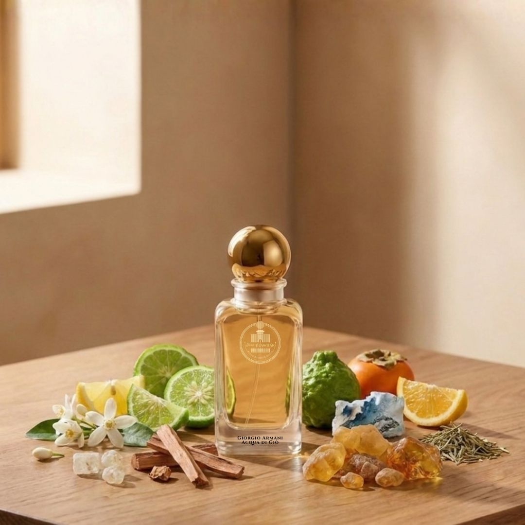 Haus Of Jawhar Giorgio Armani Acqua di Giò perfume bottle with bergamot, marine notes, jasmine and cedarwood fragrance notes.