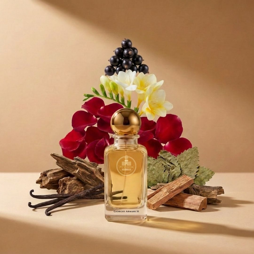 Haus Of Jawhar Giorgio Armani Sì perfume bottle with blackcurrant, rose, vanilla and patchouli fragrance notes.