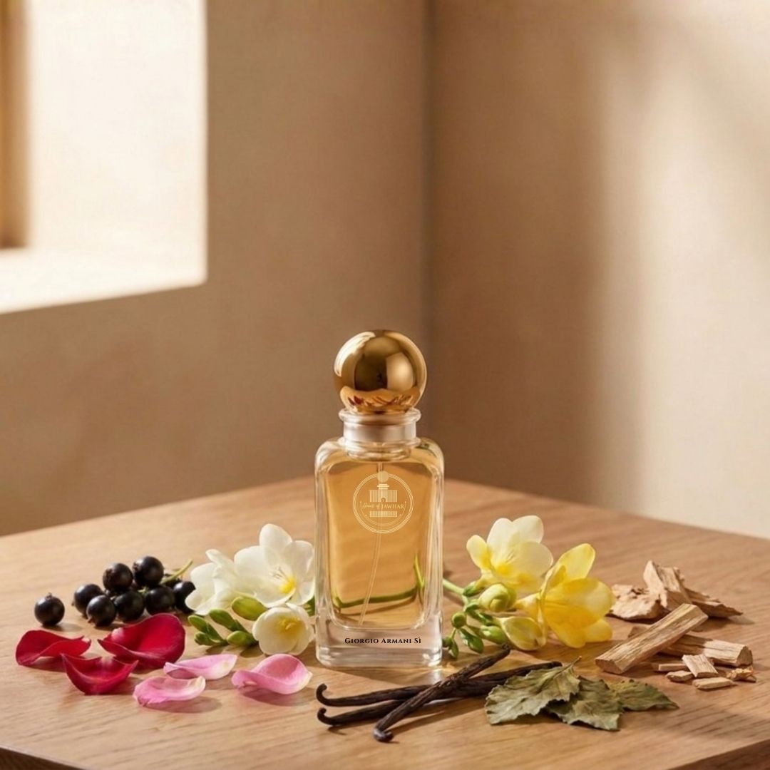 Haus Of Jawhar Giorgio Armani Sì perfume bottle with blackcurrant, rose, vanilla and patchouli fragrance notes.