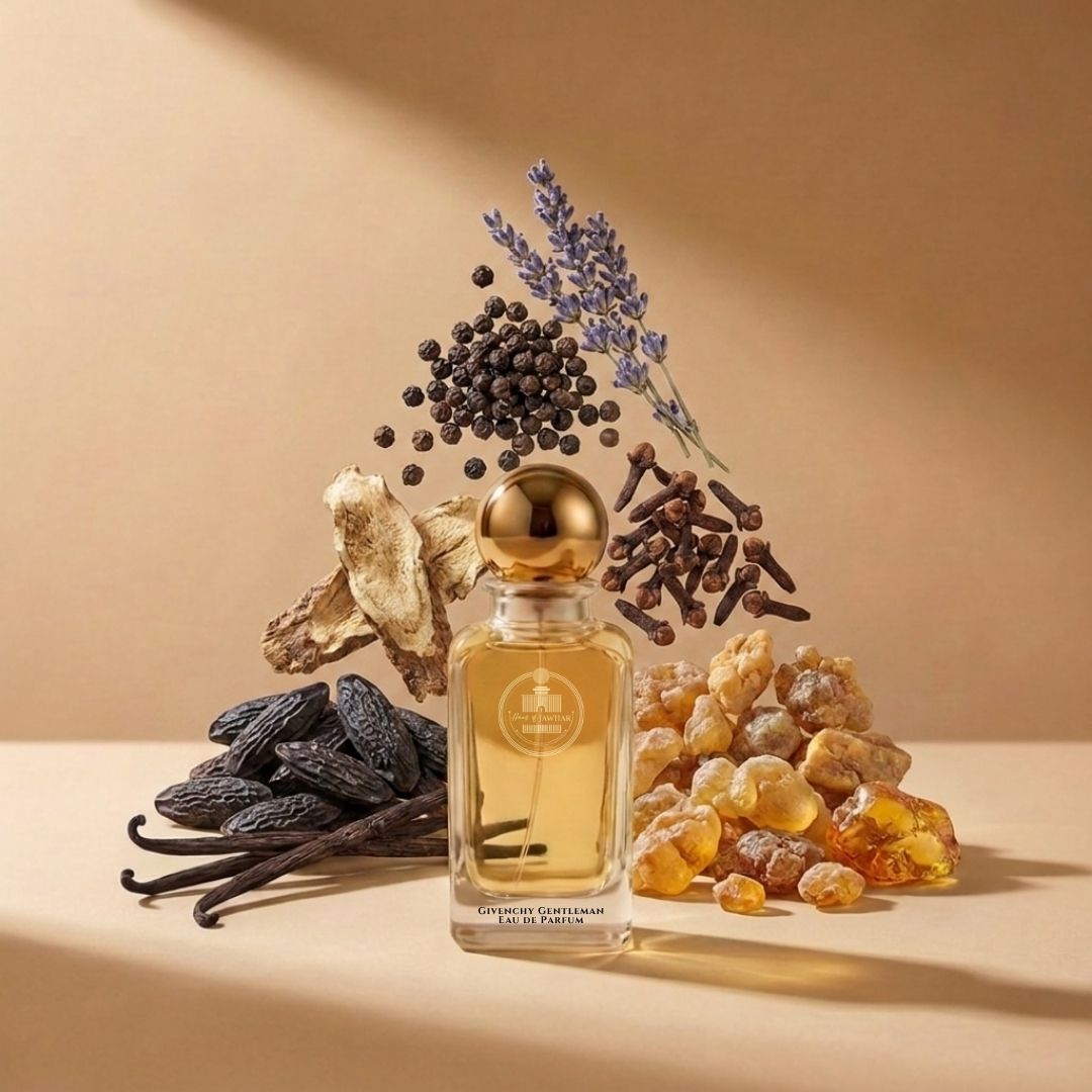 Haus Of Jawhar Givenchy Gentleman perfume bottle with black pepper, iris, patchouli and vanilla fragrance notes.