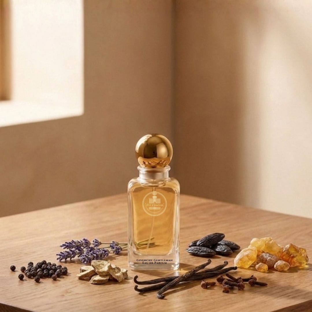 Haus Of Jawhar Givenchy Gentleman perfume bottle with black pepper, iris, patchouli and vanilla fragrance notes.