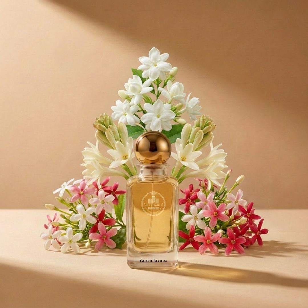 Haus Of Jawhar Gucci Bloom perfume bottle with jasmine, tuberose, rangoon creeper and musk fragrance notes.