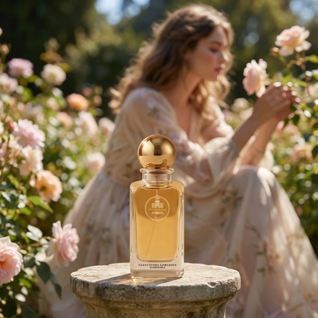 Haus Of Jawhar Gucci Flora perfume bottle in a luxury lifestyle setting.