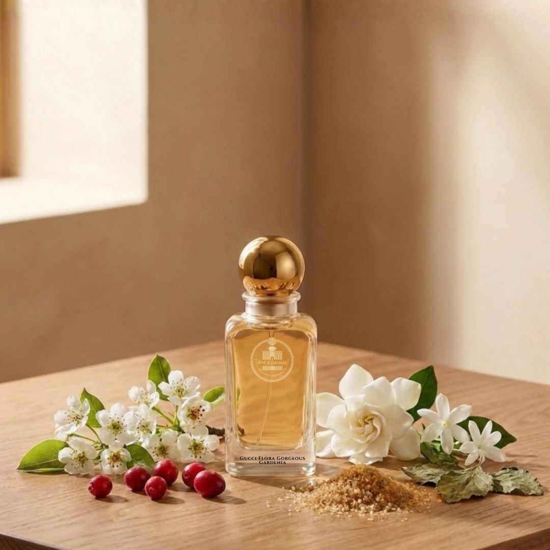 Haus Of Jawhar Gucci Flora perfume bottle with peony, rose, citrus and sandalwood fragrance notes.