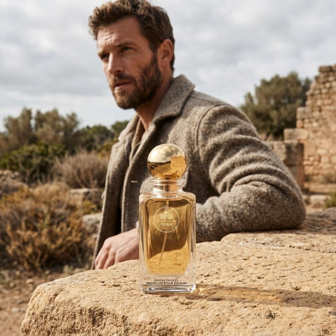 Haus Of Jawhar Gucci Guilty Absolute perfume bottle in a luxury lifestyle setting.