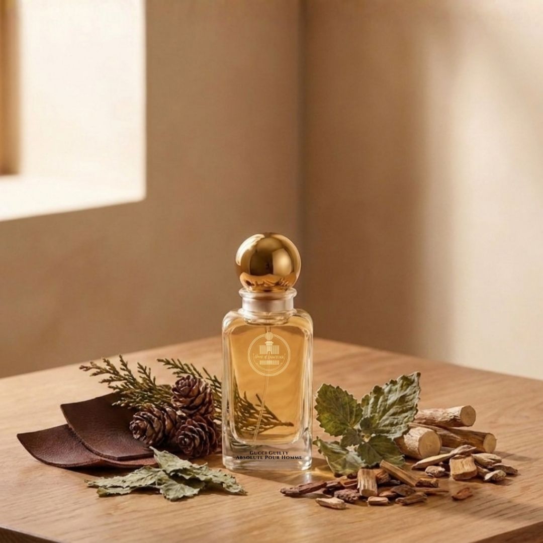 Haus Of Jawhar Gucci Guilty Absolute perfume bottle with leather, patchouli, cypress and vetiver fragrance notes.