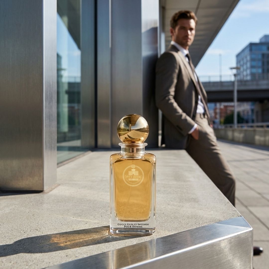 Haus Of Jawhar Gucci Guilty Intense perfume bottle in a luxury lifestyle setting.