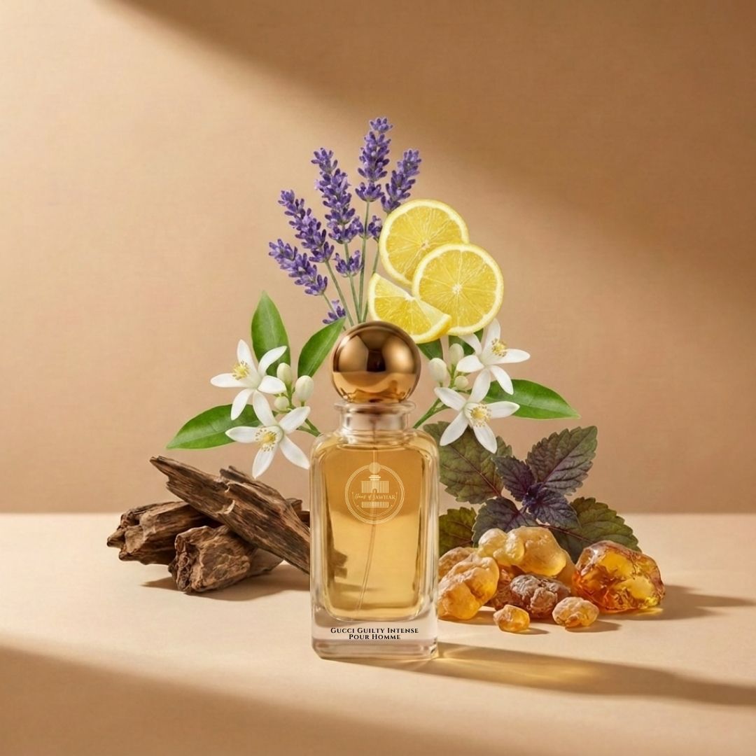Haus Of Jawhar Gucci Guilty Intense perfume bottle with lavender, coriander, patchouli and amber fragrance notes.