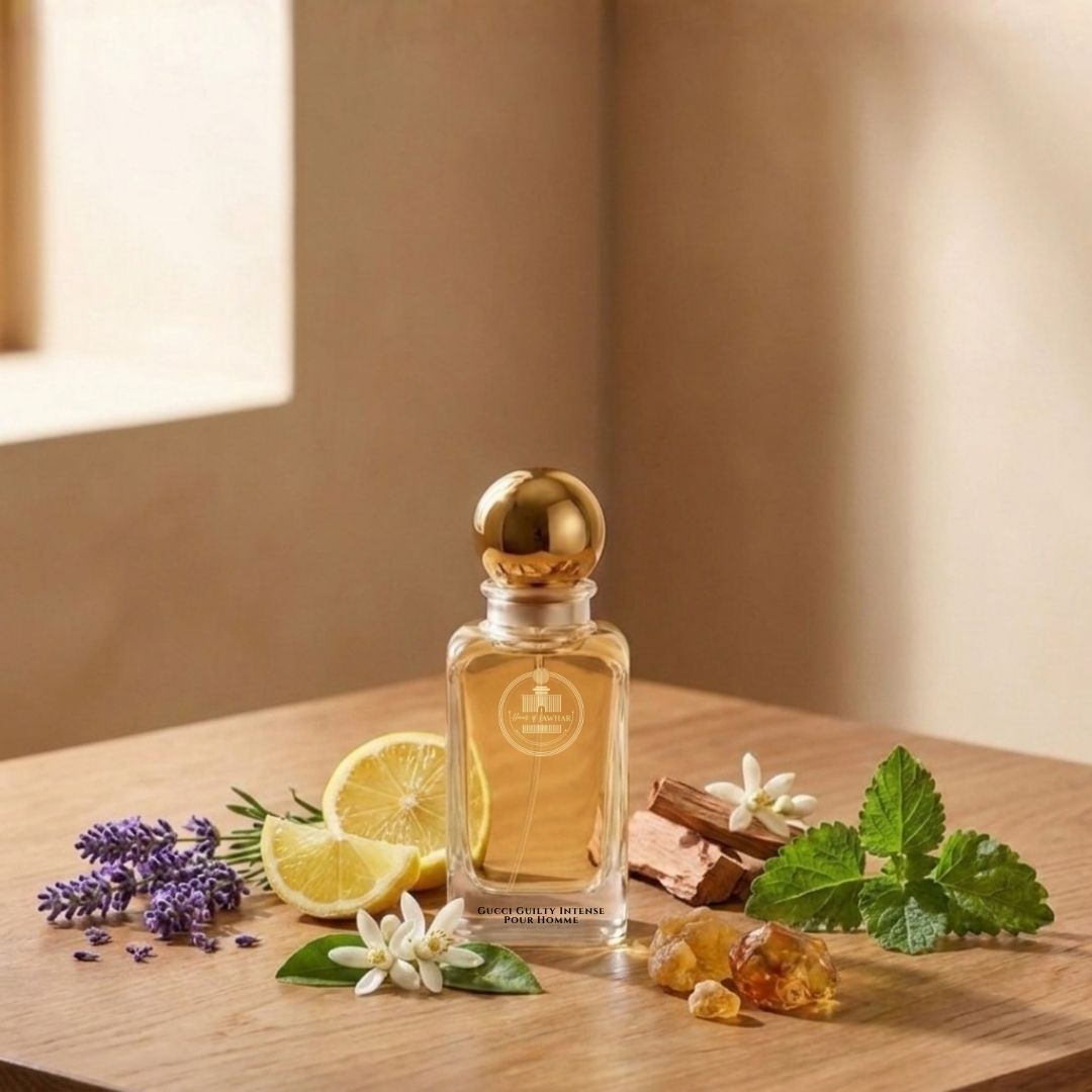 Haus Of Jawhar Gucci Guilty Intense perfume bottle with lavender, coriander, patchouli and amber fragrance notes.