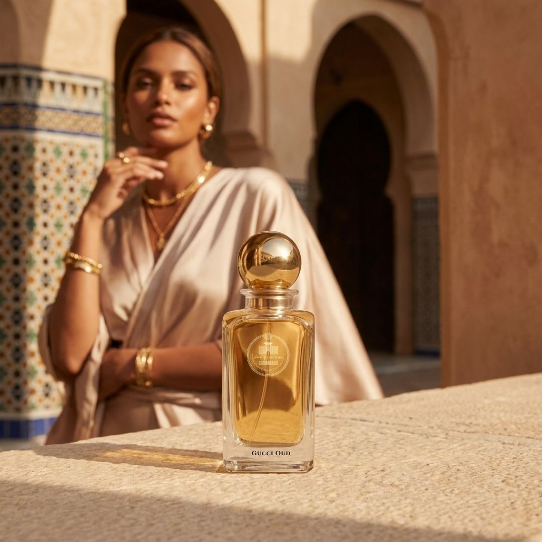 Haus Of Jawhar Gucci Oud perfume bottle in a luxury lifestyle setting.