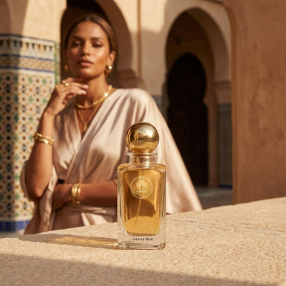 Haus Of Jawhar Gucci Oud perfume bottle in a luxury lifestyle setting.