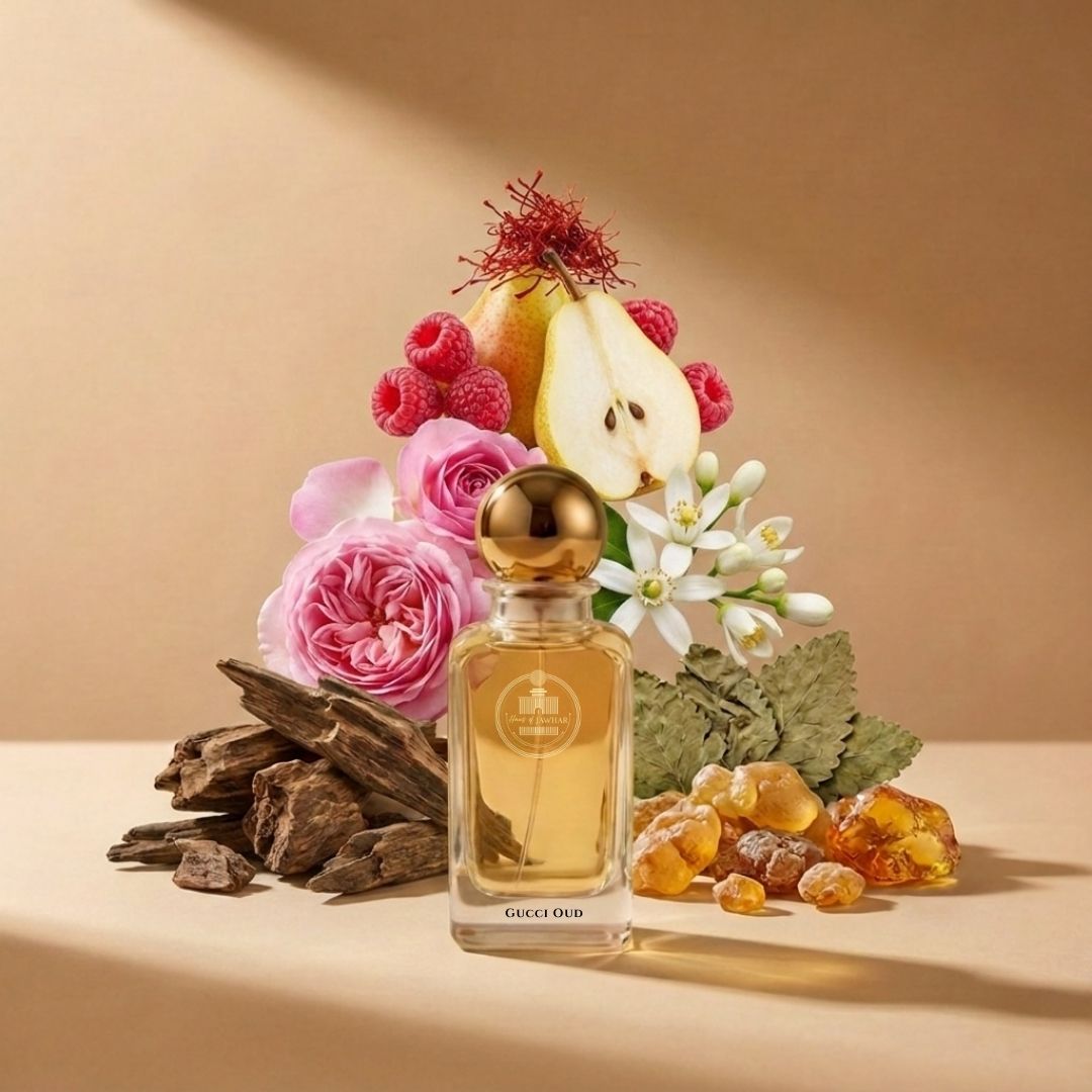 Haus Of Jawhar Gucci Oud perfume bottle with oud, raspberry, saffron and amber fragrance notes.