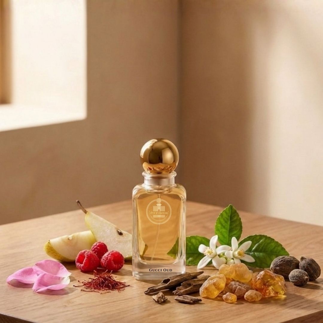 Haus Of Jawhar Gucci Oud perfume bottle with oud, raspberry, saffron and amber fragrance notes.