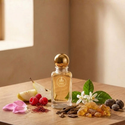 Haus Of Jawhar Gucci Oud perfume bottle with oud, raspberry, saffron and amber fragrance notes.