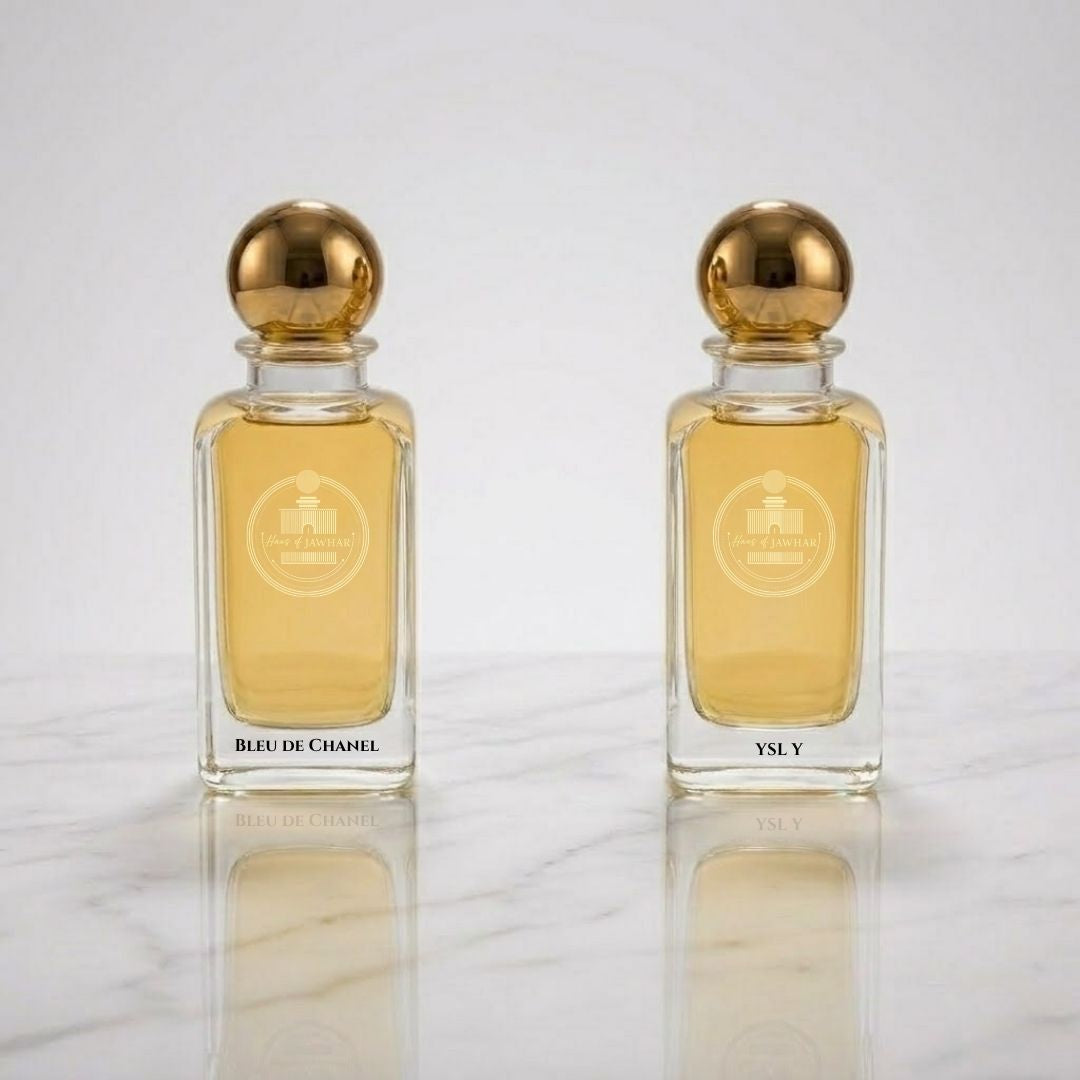 Bleu de Chanel and YSL Y parfum bottles by Haus Of Jawhar.