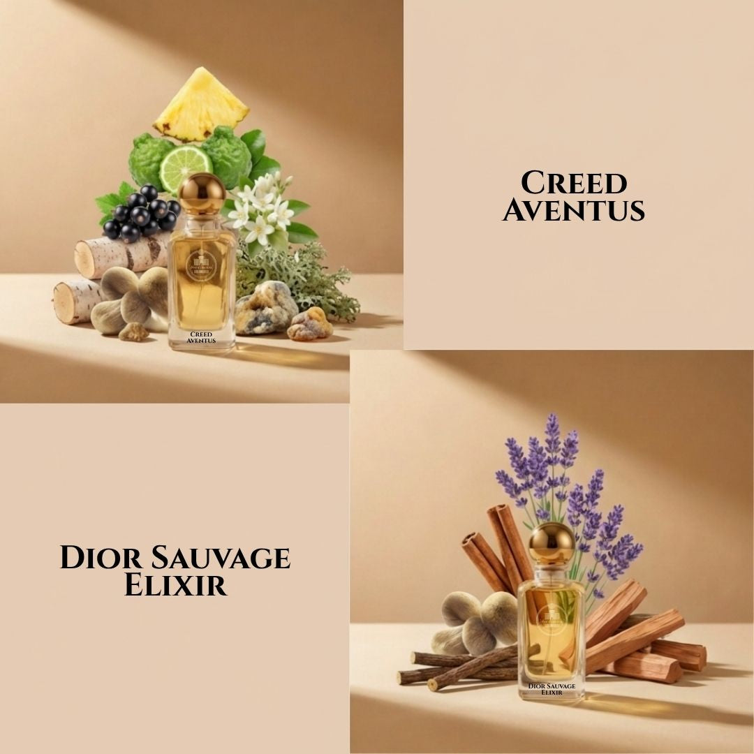 Creed Aventus and Dior Sauvage Elixir fragrance comparison by Haus Of Jawhar.