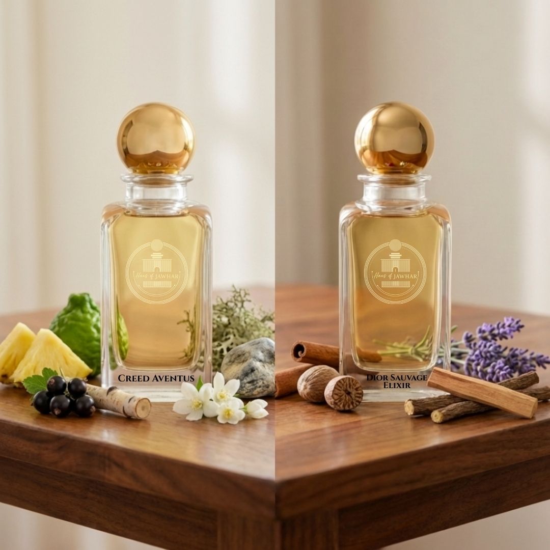 Creed Aventus and Dior Sauvage Elixir fragrance notes by Haus Of Jawhar.