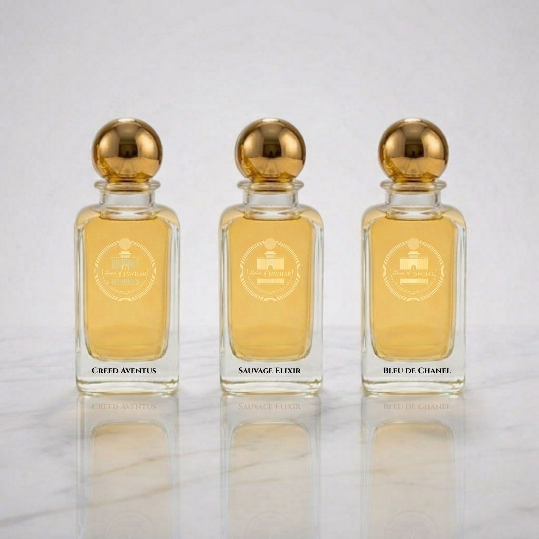 Haus Of Jawhar Creed Aventus, Sauvage Elixir, and Bleu de Chanel parfum bottles.