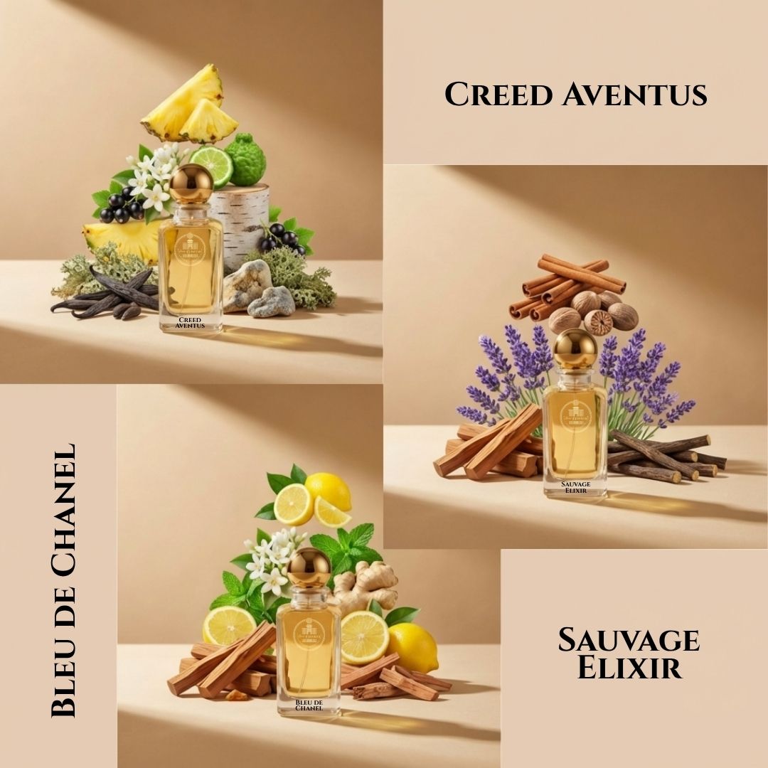 Haus Of Jawhar Creed Aventus, Sauvage Elixir, and Bleu de Chanel fragrance notes.