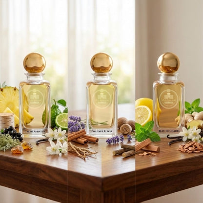 Creed Aventus, Sauvage Elixir, and Bleu de Chanel fragrance notes by Haus Of Jawhar.