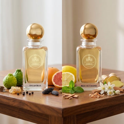 Haus Of Jawhar Dylan Blue and Bleu de Chanel parfum bottles with citrus and aromatic ingredients.