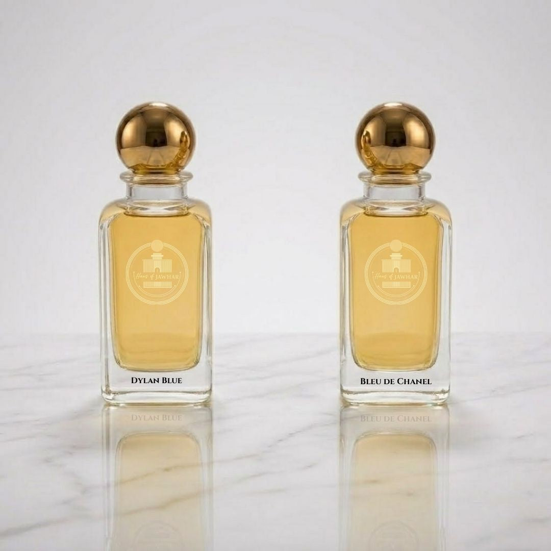 Haus Of Jawhar Dylan Blue and Bleu de Chanel fragrance bottles.