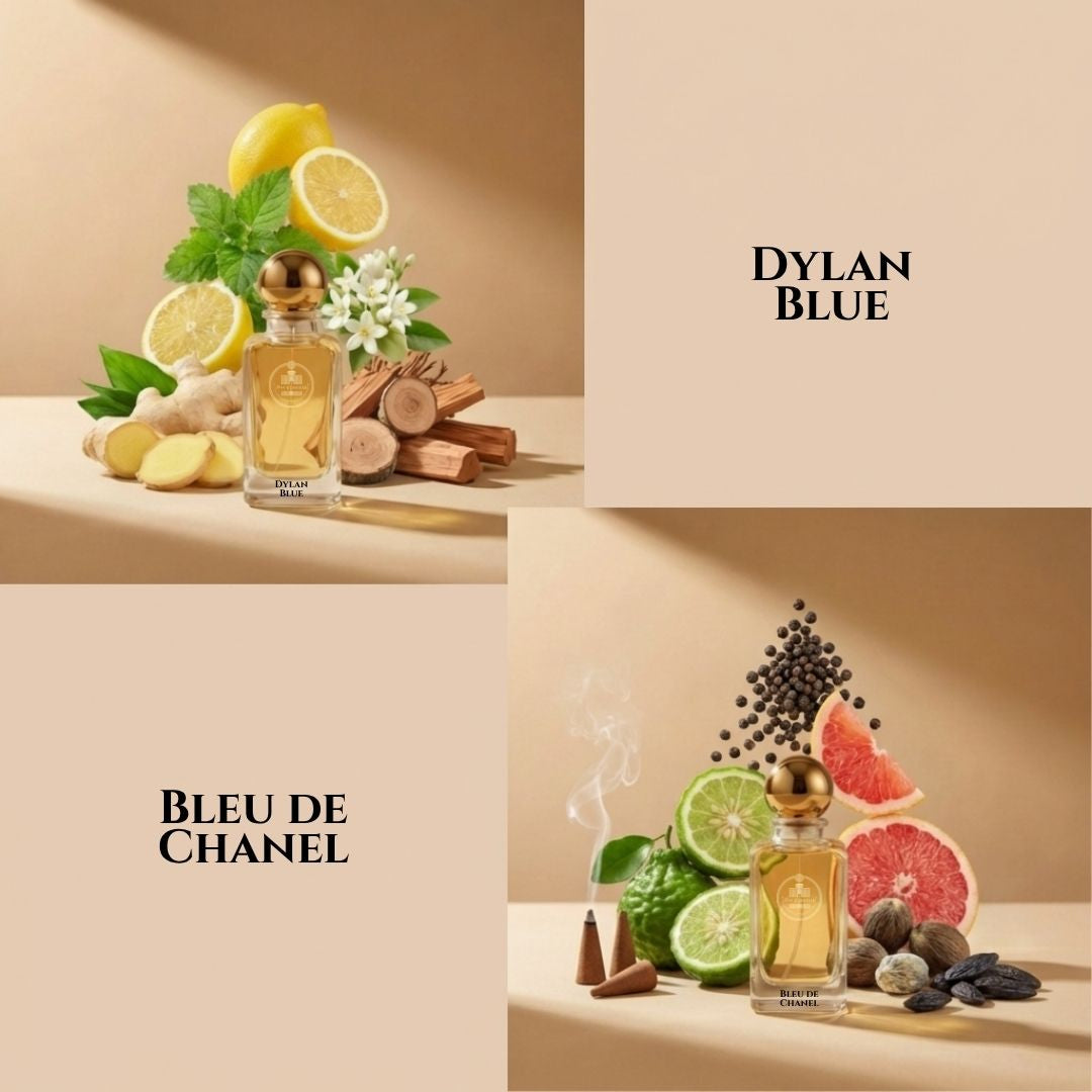 Collage of Dylan Blue and Bleu de Chanel perfume bottles with their respective scents displayed.