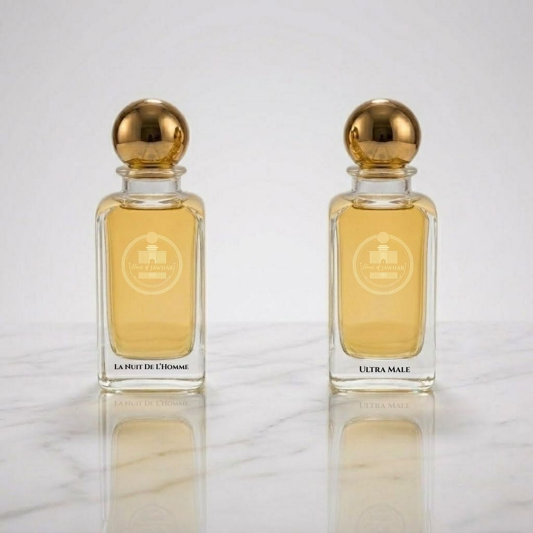 La Nuit De L’Homme and Ultra Male parfum bottles by Haus Of Jawhar.