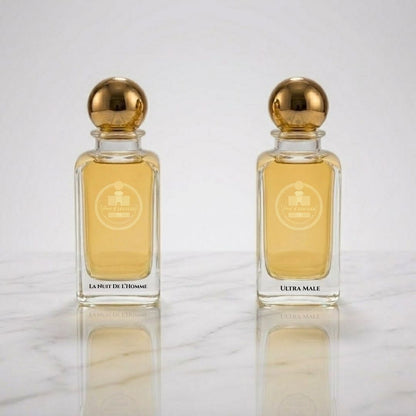 La Nuit De L’Homme and Ultra Male parfum bottles by Haus Of Jawhar.