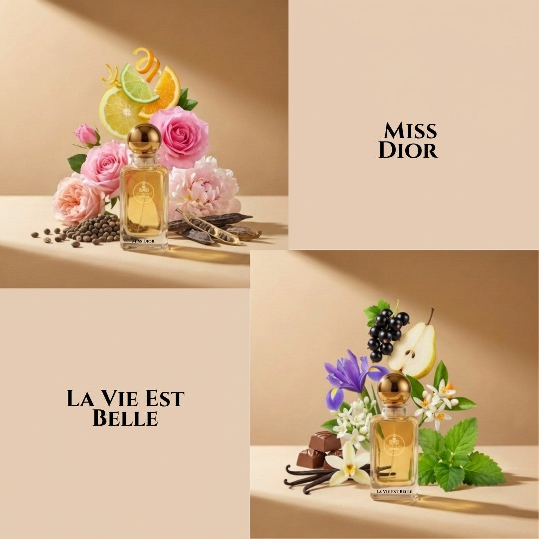 Miss Dior and La Vie Est Belle fragrance comparison by Haus Of Jawhar.