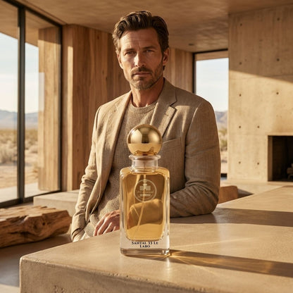 Haus Of Jawhar Santal 33 inspired parfum bottle on a table in a modern home with a stylish lifestyle backdrop.