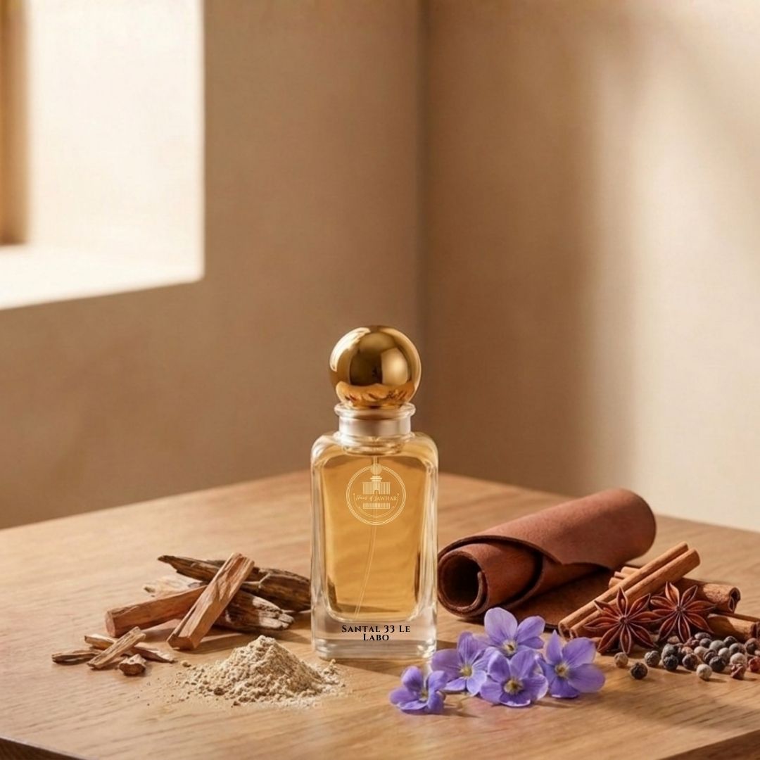 Haus Of Jawhar Santal 33 inspired parfum bottle displayed with natural woody and floral fragrance ingredients.