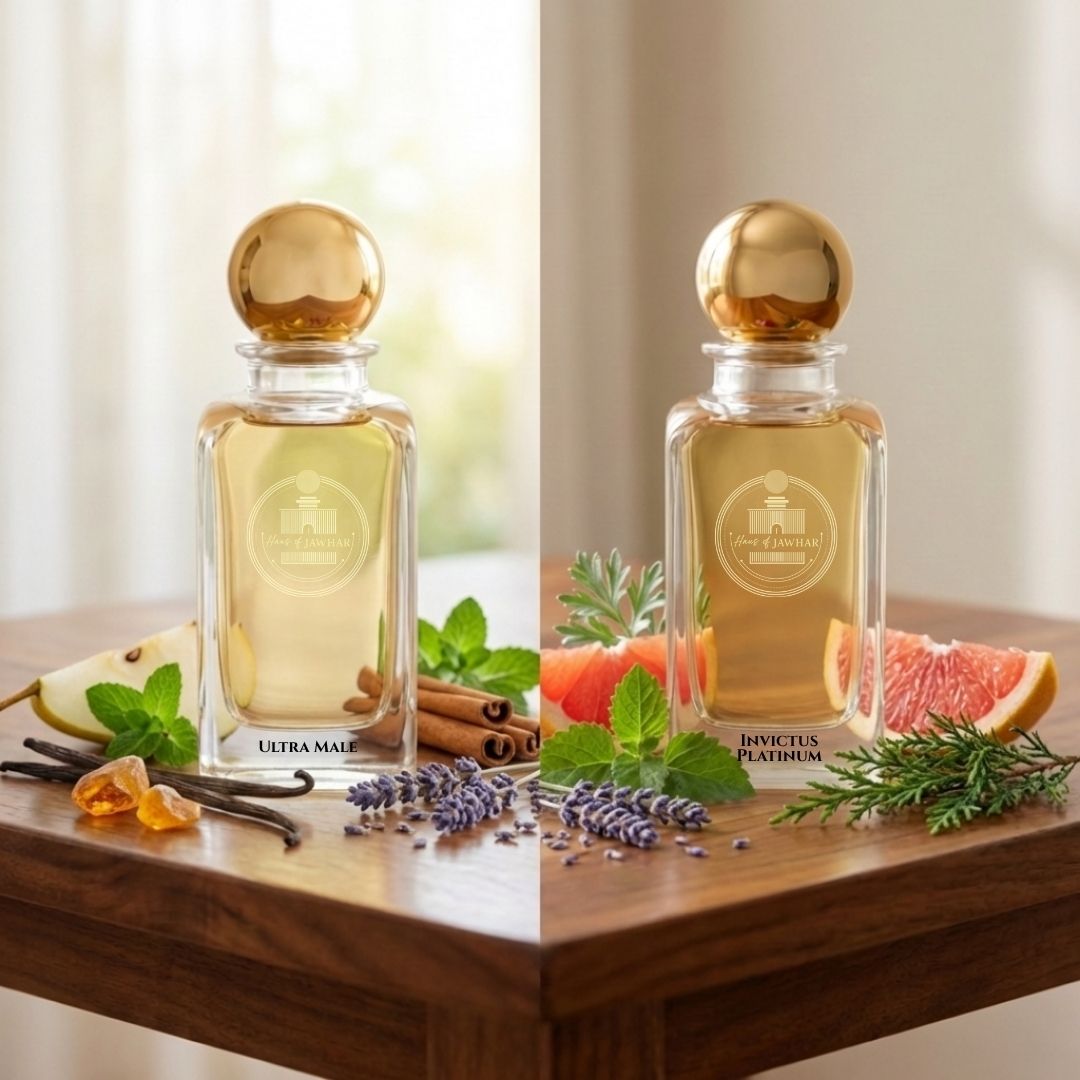 Ultra Male and Invictus Platinum perfumes with aromatic ingredients.