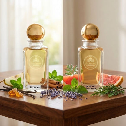Ultra Male and Invictus Platinum perfumes with aromatic ingredients.