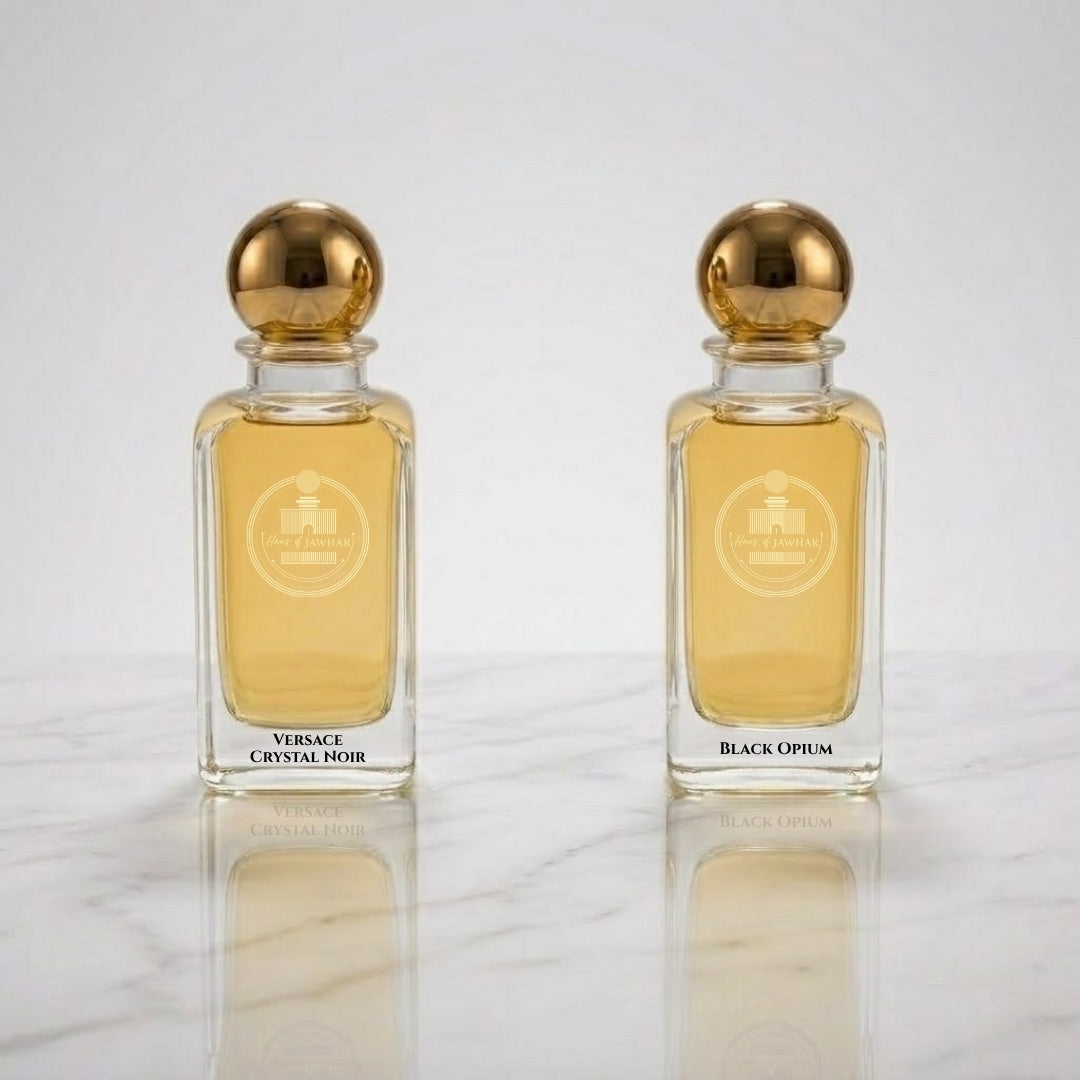 Versace Crystal Noir and Black Opium parfum bottles by Haus Of Jawhar.