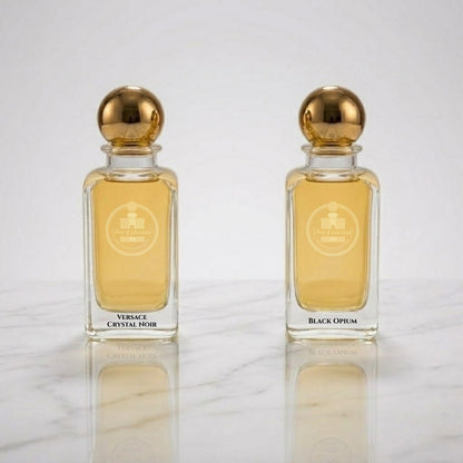 Versace Crystal Noir and Black Opium parfum bottles by Haus Of Jawhar.