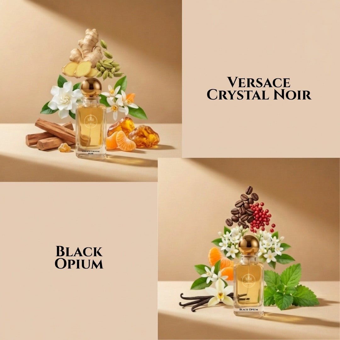 Versace Crystal Noir and Black Opium fragrance comparison by Haus Of Jawhar.