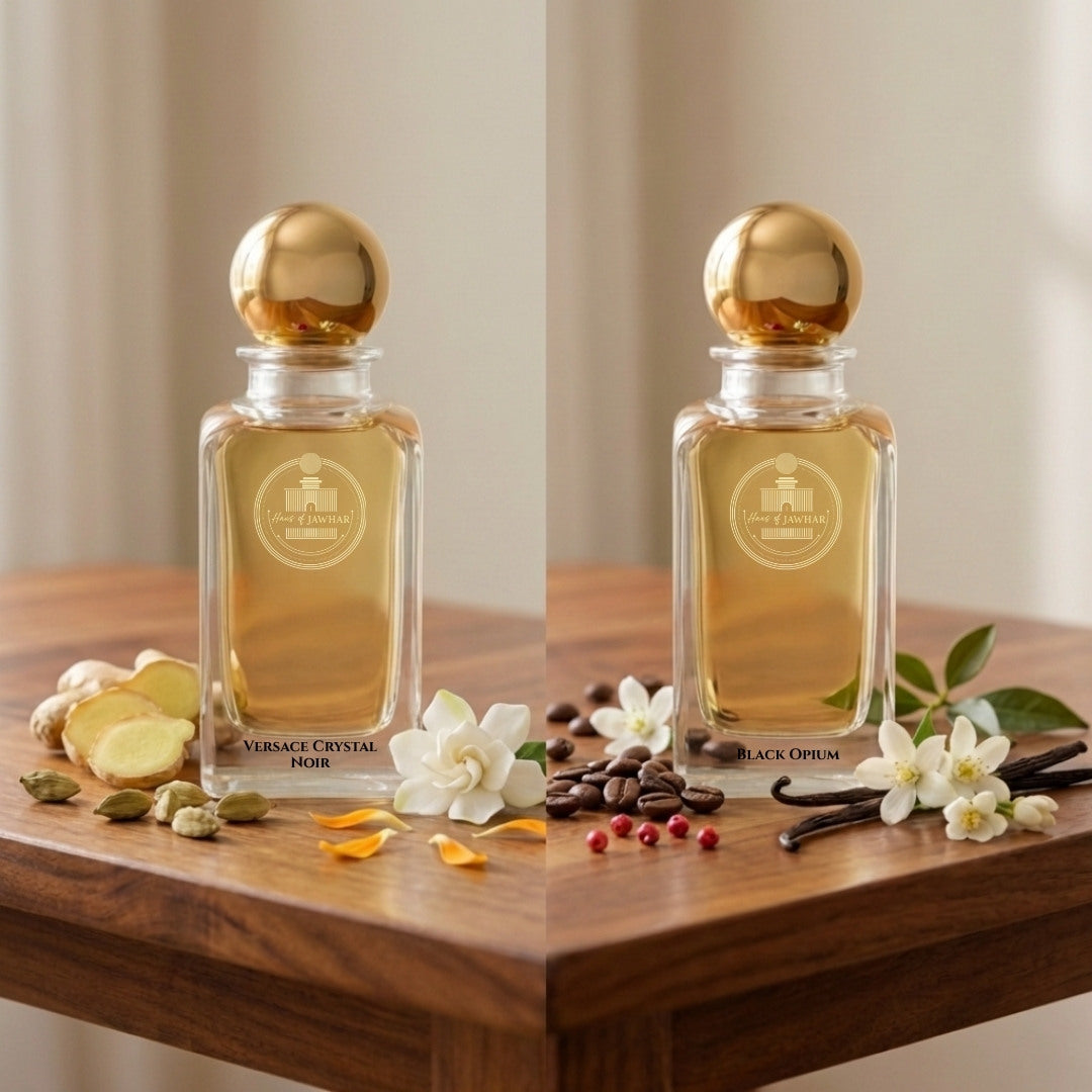 Versace Crystal Noir and Black Opium fragrance notes by Haus Of Jawhar.