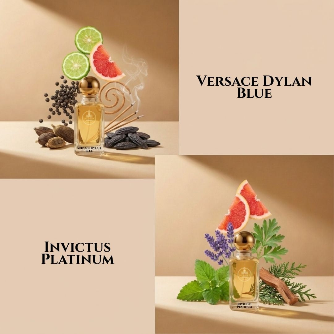 Versace Dylan Blue and Invictus Platinum fragrance comparison by Haus Of Jawhar.