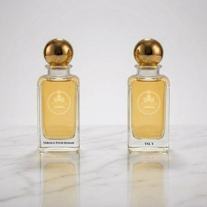 Haus Of Jawhar Versace Pour Homme and YSL Y parfum bottles.