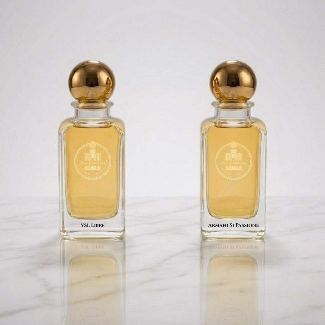 YSL Libre and Armani Si Passione parfum bottles by Haus Of Jawhar.