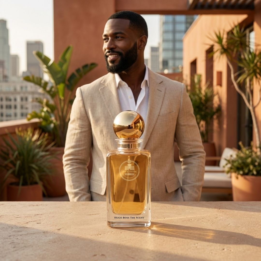 Haus Of Jawhar Hugo Boss The Scent perfume bottle in a luxury lifestyle setting.